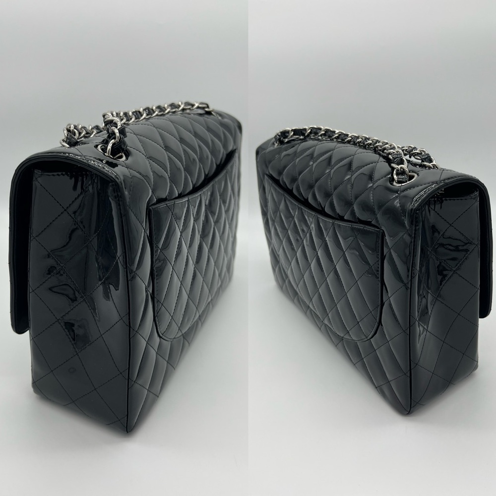 Authentic Chanel Classic Glossy shimmery black Patent leather Maxi single flap - Picture 8 of 17